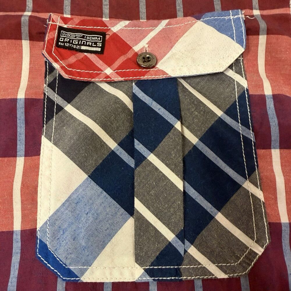 Plaid Button Up Shirt Patchwork Short Sleeve Dual… - image 7